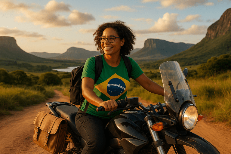 Brazilian teacher riding a motorcycle through a beautiful landscape