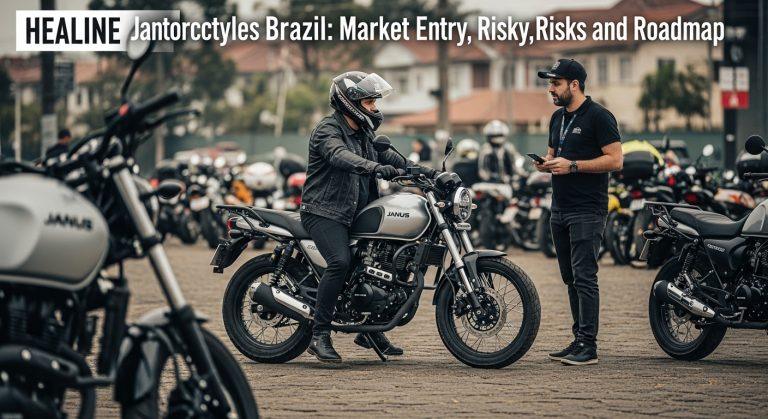 Brazilian street scene with a retro-styled Janus motorcycle in an urban setting.