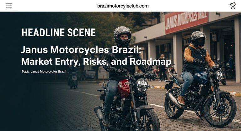 Brazilian street scene with a retro-styled Janus motorcycle in an urban setting.