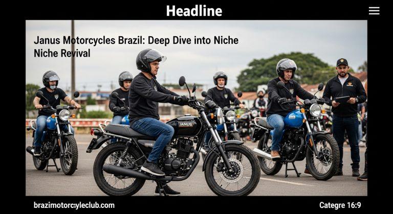 Showroom and street scene with Janus-style motorcycle in a Brazilian city.