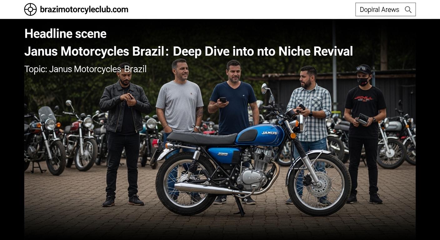 Showroom and street scene with Janus-style motorcycle in a Brazilian city.