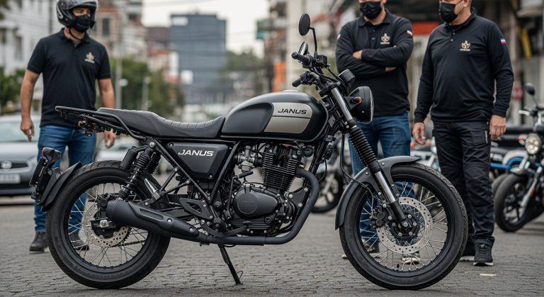 Janus-style retro motorcycle in a Brazilian city street, symbolizing Brazil market entry.