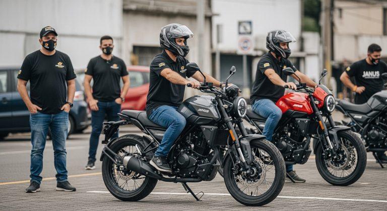 Janus-style retro motorcycle in a Brazilian city street, symbolizing Brazil market entry.