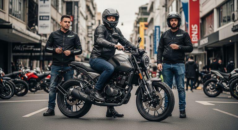 Janus-style retro motorcycle in a Brazilian city street, symbolizing Brazil market entry.
