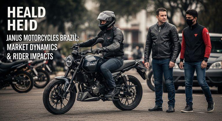 Retro-styled Janus motorcycle in a Brazilian city street with riders gathering, capturing urban motorcycle culture.