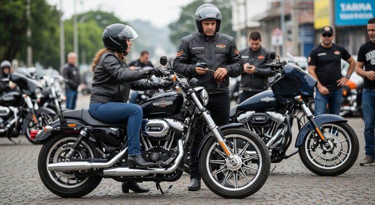 Harley-Davidson motorcycle with Brazilian urban backdrop