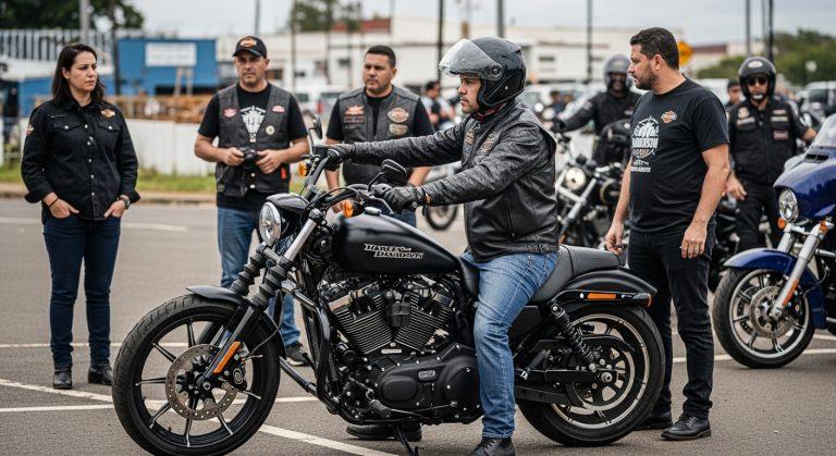 Harley-Davidson motorcycle with Brazilian urban backdrop