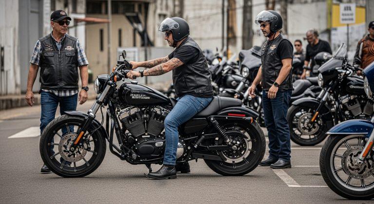 Harley-Davidson motorcycle with Brazilian urban backdrop