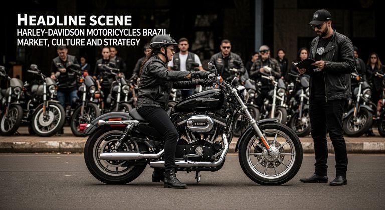 Harley-Davidson motorcycle displayed in a Brazilian urban setting with festive color accents.