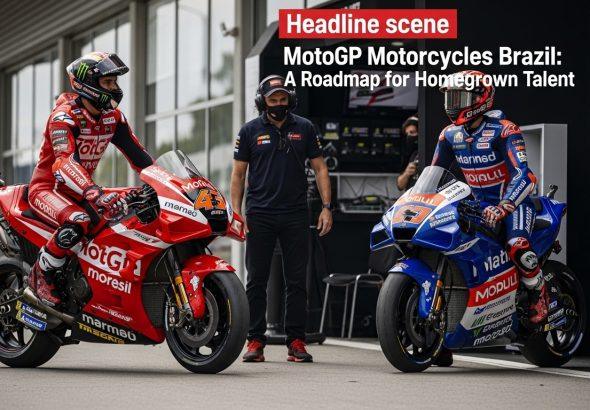 MotoGP rider on a Brazilian track at sunset.
