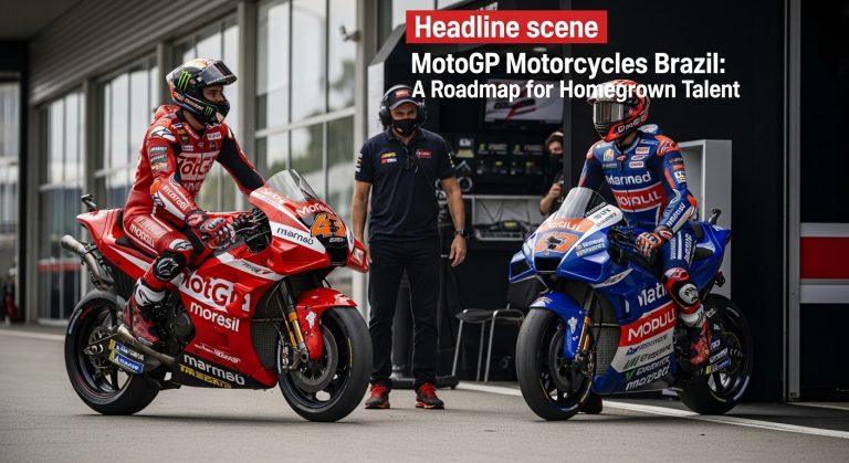 MotoGP rider on a Brazilian track at sunset.