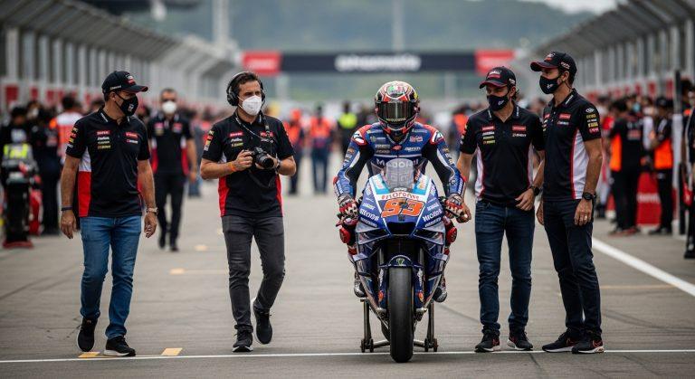 Brazilian riders training on track with MotoGP branding in the background.