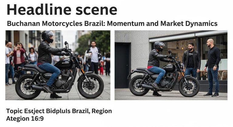 Buchanan-branded motorcycle on a Brazilian city street during golden hour, conveying practical urban riding and aspirati