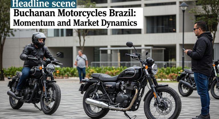Buchanan-branded motorcycle on a Brazilian city street during golden hour, conveying practical urban riding and aspirati