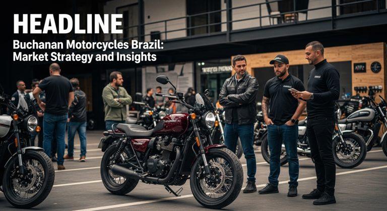 Showroom and rider with Buchanan motorcycles in Brazil amid urban traffic.