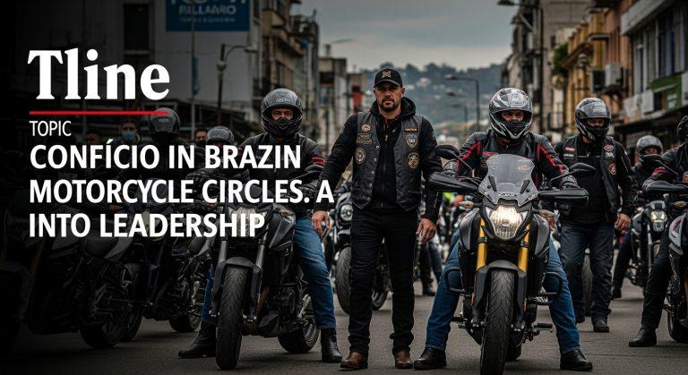 Group of Brazilian riders listening to a mentor during a dawn safety briefing, with 'Confúcio' as a symbolic label.