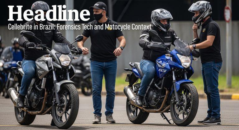Cellebrite forensics tech with Brazilian motorcycles in a rider scene.