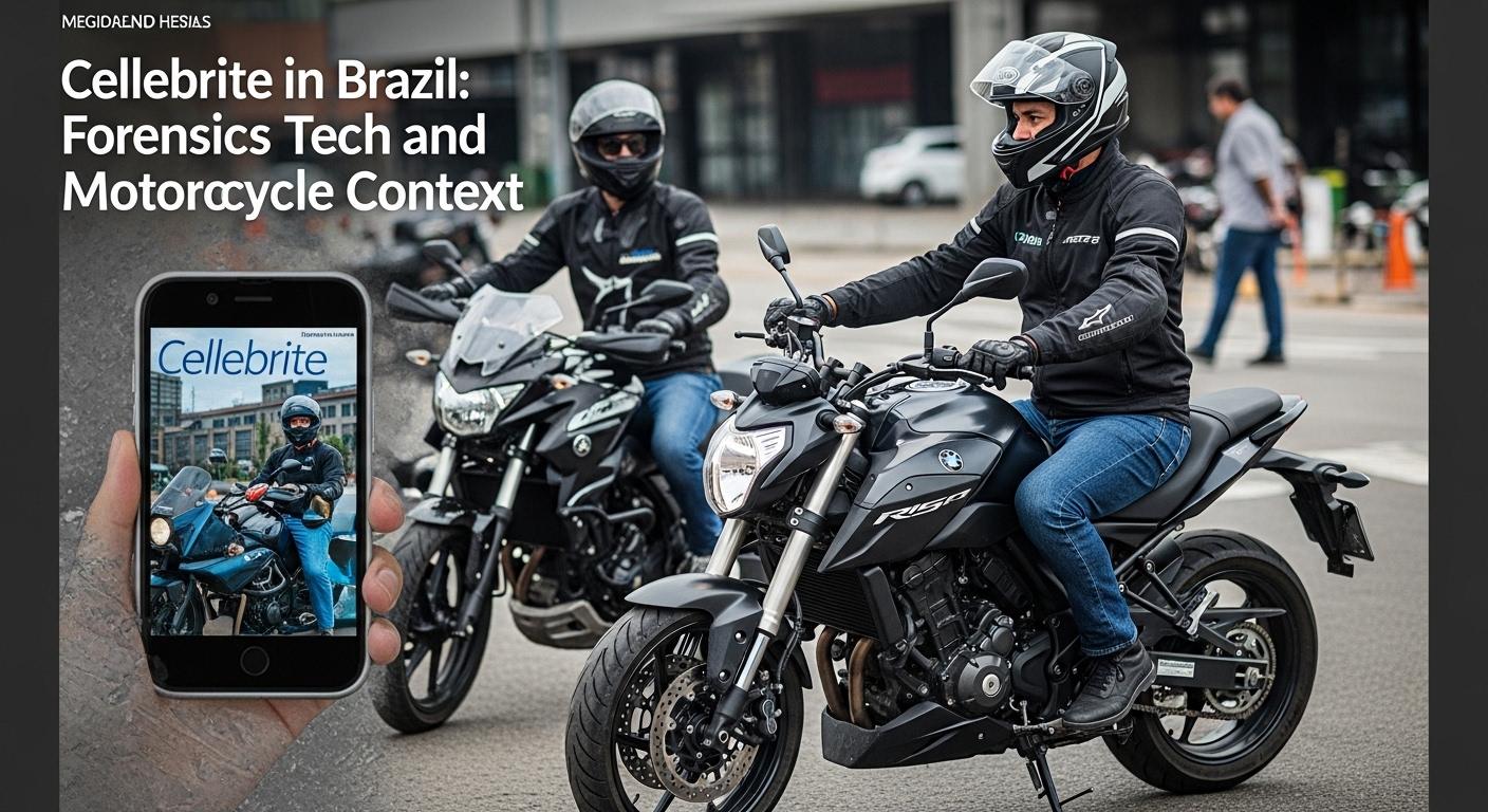 Cellebrite forensics tech with Brazilian motorcycles in a rider scene.