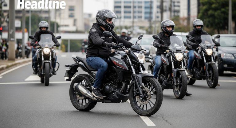 Rider in rain gear navigating a wet São Paulo street with cloudy sky