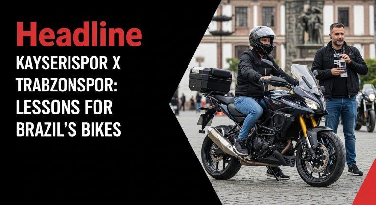 Brazilian motorcycle club gathering with stadium backdrop and cross-sport references to kayserispor x trabzonspor