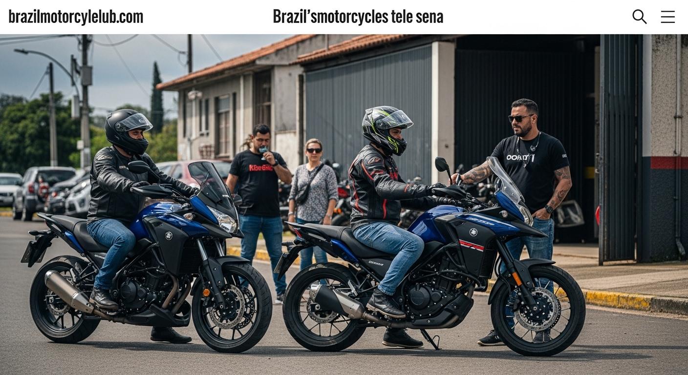 Brazilian motorcycle club meetup with a lottery ticket on display and motorcycles in the foreground.