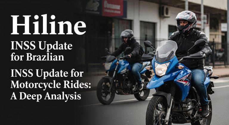 Brazilian motorcyclist examining documents near a government building, symbolizing INSS processes.