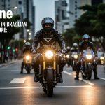 Brazilian motorcycle club rider in gear on city street at dusk, with sport bikes in the background.