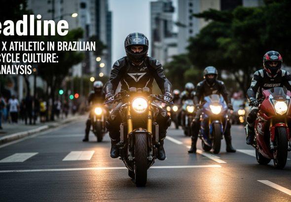 Brazilian motorcycle club rider in gear on city street at dusk, with sport bikes in the background.