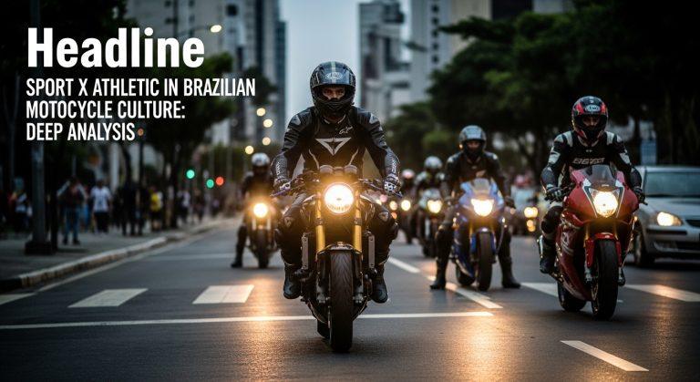 Brazilian motorcycle club rider in gear on city street at dusk, with sport bikes in the background.
