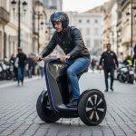 Futuristic self-balancing Tesla motorcycle in a Brazilian city at dusk