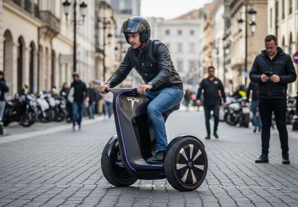 Futuristic self-balancing Tesla motorcycle in a Brazilian city at dusk