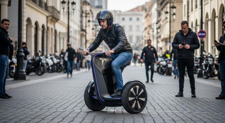 Futuristic self-balancing Tesla motorcycle in a Brazilian city at dusk